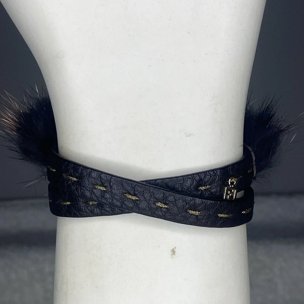 Fendi Selleria Double Wrap Brown Leather Bracelet with Fur Accents (13.5in)